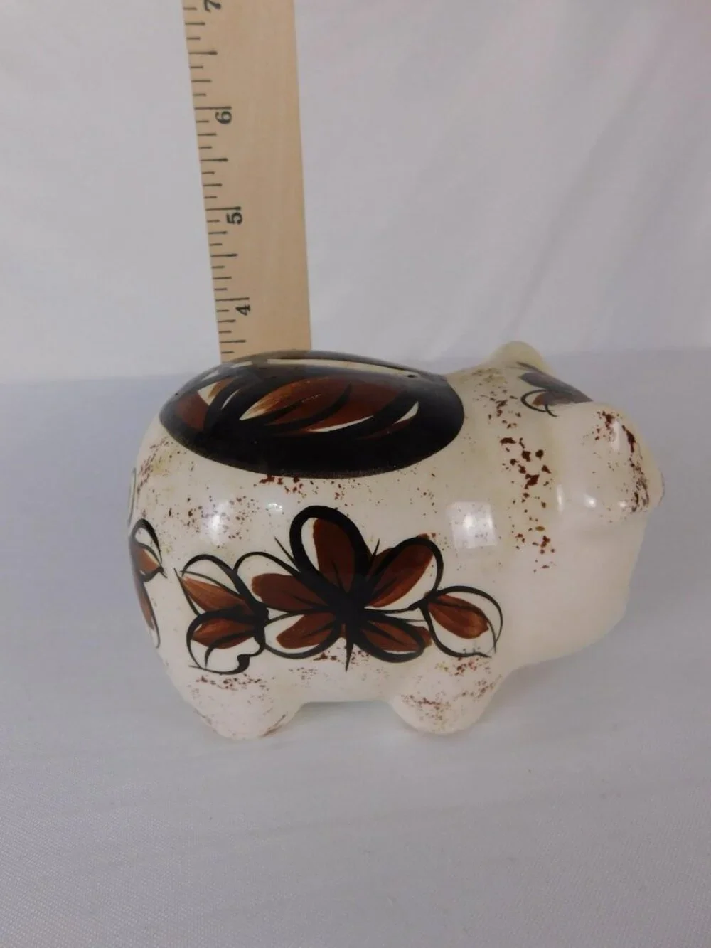 Vintage Hawaii Small Ceramic Piggy Coin Bank Brown Flower Kawaii Decor Figurine